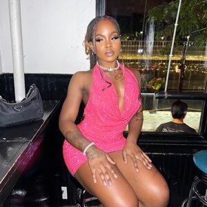 Embellished Extreme Cowl Neck Halter Mini Dress in Hot Pink